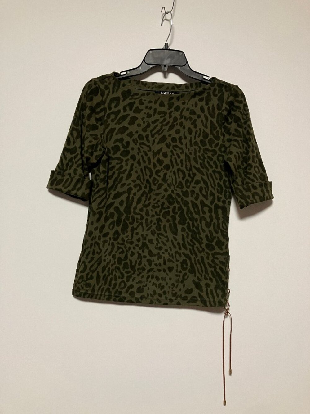 Lauren Ralph Lauren Olive Green Leopard Ocelot Print Lace Up Side Knit Top S/P